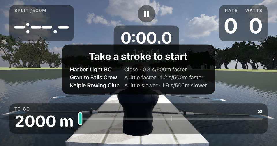 The start card listing the rival crews and their pace