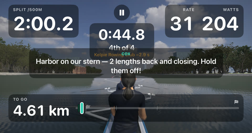 Mid-race in an eight on the Charles, with split, rate, watts, place and distance to go