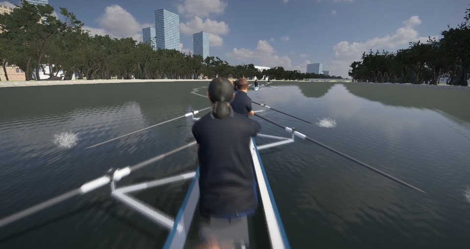 The Boston skyline from an eight on the Charles, numbers hidden